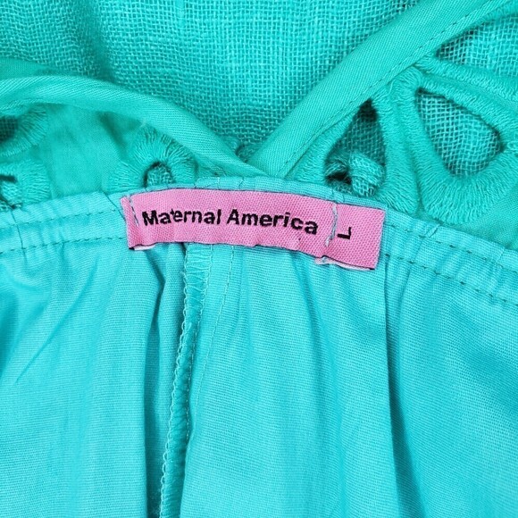 Maternal America Green Linen Cap Sleeve Crochet Eyelet Maternity Dress L - Picture 4 of 5